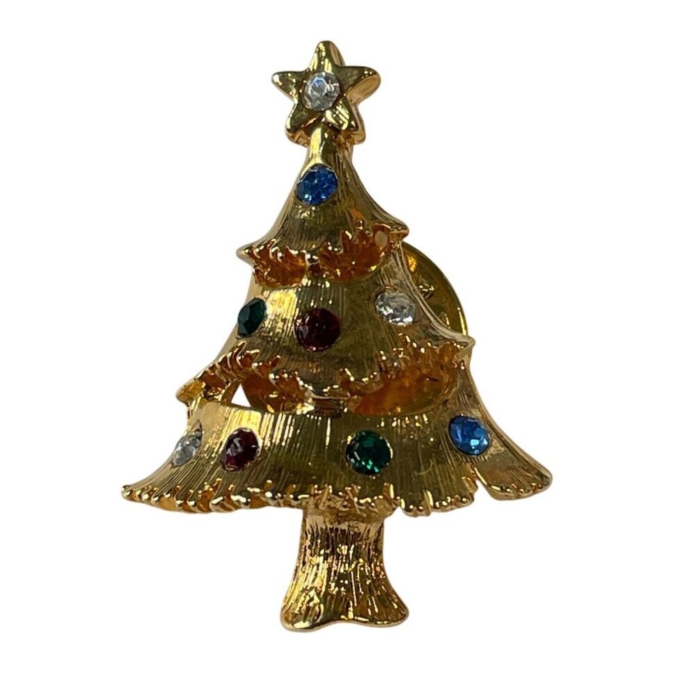 Vintage Gold-Tone Christmas Tree Brooch Colorful‎ Rhinestone Accents Star Topper